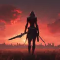 Back view of a female assassin on a batte field. The sky is colored by a red sun set., 8k, Dystopian, Trending on Artstation, Volumetric Lighting
