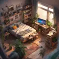 isometric render, messy nostalgic bedroom with a gaming pc, windows, plants bookshelves, desk, 8k, Behance, Dynamic Lighting, Concept Art, 3D art, Muted