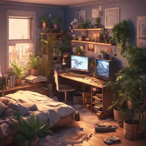 isometric render, messy nostalgic bedroom with a gaming pc, windows, plants bookshelves, desk, 8k, Behance, Dynamic Lighting, Concept Art, 3D art, Muted