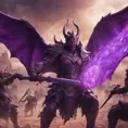 War in mystical realms; fantasy photorealistic rendering; ancient civilization;  valiant heroes vs ominous purple devil., 8k, Fantasy