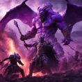 War in mystical realms; fantasy photorealistic rendering; ancient civilization;  valiant heroes vs ominous purple devil., 8k, Fantasy