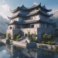 A gorgeous Chinese - style high - rise villa stands in the valley, luxurious majestic silver - grey blue antique palace, 8k, HD, High Definition, Trending on Artstation, Soft Lighting