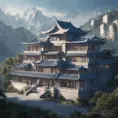 A gorgeous Chinese - style high - rise villa stands in the valley, luxurious majestic silver - grey blue antique palace, 8k, HD, High Definition, Trending on Artstation, Soft Lighting