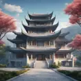 A gorgeous Chinese - style high - rise villa stands in the valley, luxurious majestic silver - grey blue antique palace, 8k, HD, High Definition, Soft Lighting