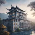 A gorgeous Chinese - style high - rise villa stands in the valley, luxurious majestic silver - grey blue antique palace, 8k, HD, High Definition, Soft Lighting