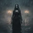 The frightening La Yorona with black eyes on her shoulder stands in a dark lake. Mist. Rain., 8k, HD, Gothic and Fantasy, Trending on Artstation, Sci-Fi, Soft Lighting