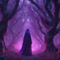 A mysterious witch cloaked in purple chaos energy, standing in a dark forest of salix trees, glowing with a powerful energy, 8k, High Definition, Highly Detailed, Trending on Artstation, Darkwave, Epic, Isometric, Cinematic Lighting, Smooth, 3D Rendering, Octane Render, Vibrant Colors, Ominous by Stanley Artgerm Lau, Zdzislaw Beksinski, H. R. (Hans Ruedi) Giger
