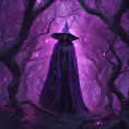A mysterious witch cloaked in purple chaos energy, standing in a dark forest of salix trees, glowing with a powerful energy, 8k, High Definition, Highly Detailed, Trending on Artstation, Darkwave, Epic, Isometric, Cinematic Lighting, Smooth, 3D Rendering, Octane Render, Vibrant Colors, Ominous by Stanley Artgerm Lau, Zdzislaw Beksinski, H. R. (Hans Ruedi) Giger