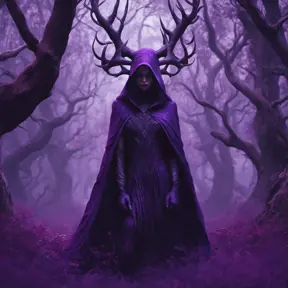 A mysterious witch cloaked with antlers in purple chaos energy, in a dark forest of salix trees, 8k, High Definition, Highly Detailed, Trending on Artstation, Darkwave, Epic, Isometric, Cinematic Lighting, Smooth, 3D Rendering, Octane Render, Vibrant Colors, Ominous by Stanley Artgerm Lau, Zdzislaw Beksinski, H. R. (Hans Ruedi) Giger