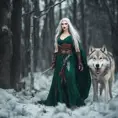 Lady of the Wild Hunt in action. Attractive slender woman with long white hair, emerald green eyes, red lips. Fierce expression. Dressed in viking dress. Frost on the ground. Standing next to large aggressive wolf., Full Body, Photo Realistic