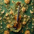 Vintage violin decorated all around with three-dimensional flowers and leaves in green and gold colors, beautiful and pleasant lighting, 8k, Intricate Details, Natural Light