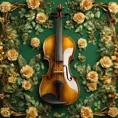 Vintage violin decorated all around with three-dimensional flowers and leaves in green and gold colors, beautiful and pleasant lighting, 8k, Intricate Details, Natural Light