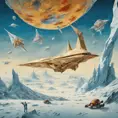 large landscape Photography, a large origami spaceship sailing in space around a frozen planet is attacked by enemy rockets, 80 degree view, 8k, Sci-Fi by Salvador Dali, James Jean