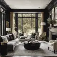 Interior architectural hi-res editorial award photo living room with a small glass wall, victorian coastal Villa inspired by the old town, in Hamptons, black and gold toned, High Resolution, Highly Detailed, Intricate Details, Photo Realistic, Natural Light