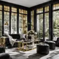 Interior architectural hi-res editorial award photo living room with a small glass wall, victorian coastal Villa inspired by the old town, in Hamptons, black and gold toned, High Resolution, Highly Detailed, Intricate Details, Photo Realistic, Natural Light