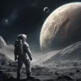 A space explorer on moon, viewing how the earth is destroyed, Magical, Stunning, Digital Painting, Cinematic Lighting, Sharp Focus, Dark, Hyper Realistic