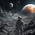 A space explorer on moon, viewing how the earth is destroyed, Magical, Stunning, Digital Painting, Cinematic Lighting, Sharp Focus, Dark, Hyper Realistic