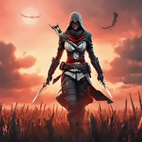 Female assassin creed emerging from a batte field. Sky is colored by a red sun set., 8k, Dystopian, Trending on Artstation, Volumetric Lighting