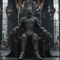 An ultrarrealistic distant   photograph of a futuristic medieval  king style  power suit, made of black mate  metal and polymer, full crystal hull, for a man, visible wires,  sitting in a throne, 8k, Dystopian, Elegant