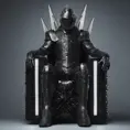 An ultrarrealistic distant   photograph of a futuristic medieval  king style  power suit, made of black mate  metal and polymer, full crystal hull, for a man, visible wires,  sitting in a throne, 8k, Dystopian, Elegant