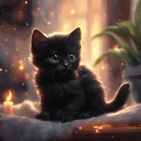 Epic shot of ultra detailed cute black baby cat in a wonderful cozy atmosphere, ultra inviting, luminous, evening atmosphere, little photorealistic, digital painting, sharp focus, ultra cozy and inviting, wish to be there. very detailed, arty, should rank high on youtube for a dream trip., Digital Painting, Sharp Focus
