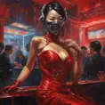 Asian cyberpunk feme fatale in expensive red dress with mask at a masquerade ball smart but dangerous in a high-tech club., Oil on Canvas, Photo Realistic