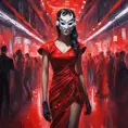 Asian cyberpunk feme fatale in expensive red dress with mask at a masquerade ball smart but dangerous in a high-tech club., Oil on Canvas, Photo Realistic