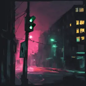 A simple bright trafficlight at a street corner at night, Dystopian, Digital Painting, Dark