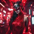 Asian cyberpunk feme fatale in expensive red dress with mask at a masquerade ball smart but dangerous in a high-tech club., Cyberpunk, Photo Realistic