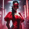 Asian cyberpunk feme fatale in expensive red dress with mask at a masquerade ball smart but dangerous in a high-tech club., Cyberpunk, Photo Realistic
