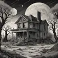 a realistic scene, an old home from the 1930's. The background is a planet that is on the edge of collapse. The skies are grey, the trees are barren. it is very depressing. a rocket ship is launching and leaving the earth, Sci-Fi, Fantasy, Dark