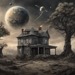 a realistic scene, an old home from the 1930's. The background is a planet that is on the edge of collapse. The skies are grey, the trees are barren. it is very depressing. a rocket ship is launching and leaving the earth, Sci-Fi, Fantasy, Dark