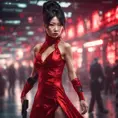 A dangerously armed asian feme fatale in silk red dress at a masquerade ball, Cyberpunk, Sci-Fi, Photo Realistic