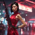 A dangerously armed asian feme fatale in silk red dress at a masquerade ball, Cyberpunk, Sci-Fi, Photo Realistic