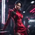 A fierce armed asian assassin in silk red dress at a high tech nightclub, Cyberpunk, Sci-Fi, Photo Realistic