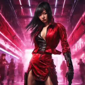 A fierce armed asian assassin in silk red dress at a high tech nightclub, Cyberpunk, Sci-Fi, Photo Realistic