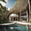 Envision a Zaha Hadid-styled, environmentally-conscious villa nestled within the bustling modern architecture of Tulum, Quintana Roo. As you approach from the entrance, the street view reveals a facade adorned with a vertical bamboo lattice, gracefully contrasting with the stone finish. Large overhangs hint at the interior's coolness, and the surrounding trees whisper tales of nature's embrace, Award-Winning, Intricate Details