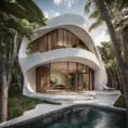 Envision a Zaha Hadid-styled, environmentally-conscious villa nestled within the bustling modern architecture of Tulum, Quintana Roo. As you approach from the entrance, the street view reveals a facade adorned with a vertical bamboo lattice, gracefully contrasting with the stone finish. Large overhangs hint at the interior's coolness, and the surrounding trees whisper tales of nature's embrace, Award-Winning, Intricate Details