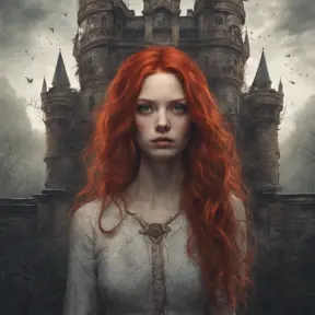 Woman with draconian traits and red hair in a haunted castle, Intricate Details, Fantasy