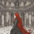 Woman with draconian traits and red hair in a haunted castle, Intricate Details, Fantasy