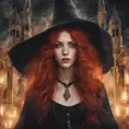 Red headed witch with shimmering hair and magical aura in a haunted castle, Gothic and Fantasy