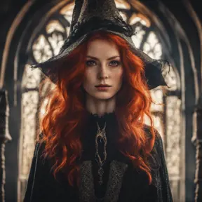Red headed witch with shimmering hair and magical aura in a haunted castle, Gothic and Fantasy