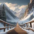 A steep cliff, in the middle of snow-capped mountains go to a big wood bridge., 8k, Masterpiece, Wallpaper, Hyper Realistic