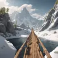 A steep cliff, in the middle of snow-capped mountains go to a big wood bridge., 8k, Masterpiece, Wallpaper, Hyper Realistic