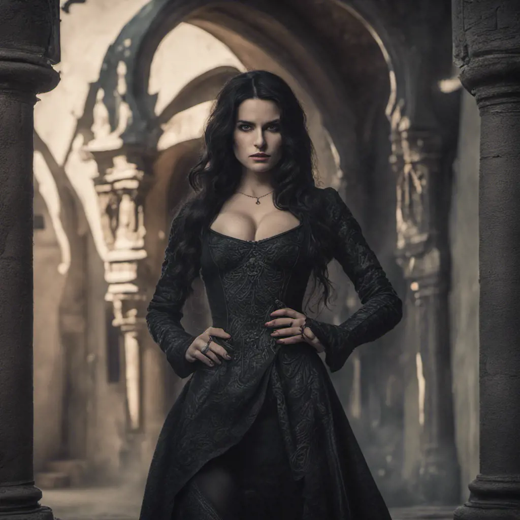 Annalena Baerbock as yennefer of vengerberg, tight dress, Intricate Details, Gothic and Fantasy, Volumetric Lighting