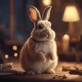 Epic shot of ultra cute rabbit in a wonderful cozy atmosphere, ultra inviting, luminous, evening atmosphere, Digital Painting, Photo Realistic, Sharp Focus