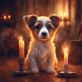 Epic shot of ultra cute puppy in a warm cozy evening candle lit atmosphere, Digital Painting, Photo Realistic, Sharp Focus