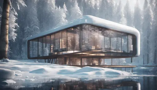 Beautiful futuristic architectural glass house in the forest by a large frozen lake, 8k, Award-Winning, Highly Detailed, Beautiful, Epic, Octane Render, Unreal Engine, Radiant, Volumetric Lighting by Greg Rutkowski