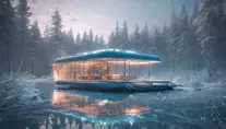 Beautiful futuristic architectural bright lit glass house boat in the forest on a giant frozen lake, 8k, Award-Winning, Highly Detailed, Beautiful, Epic, Octane Render, Unreal Engine, Radiant, Volumetric Lighting by Greg Rutkowski