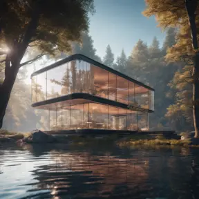Beautiful futuristic architectural glass house in the forest on a large lake, 8k, Award-Winning, Highly Detailed, Beautiful, Epic, Octane Render, Unreal Engine, Radiant, Volumetric Lighting by Frank Lloyd Wright